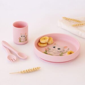 Vajilla bebe silicona 4 piezas gatito rosa Kiokids