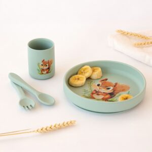 Vajilla bebe silicona 4 piezas ardilla salvia Kiokids